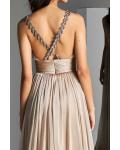  A-line V-neck Shoulder Appliques Split Sweep Train Long Chiffon Cocktail Dresses with Ruching Empire Waist