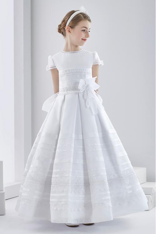 Short Sleeve Lace Ball GownLong White Organza Wedding Dress with Bow 