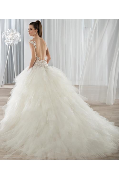 Illusion Bateau Neck Lace Bodice Ball Gown Ruffled Ivory Tulle Blush Top Wedding Dress 