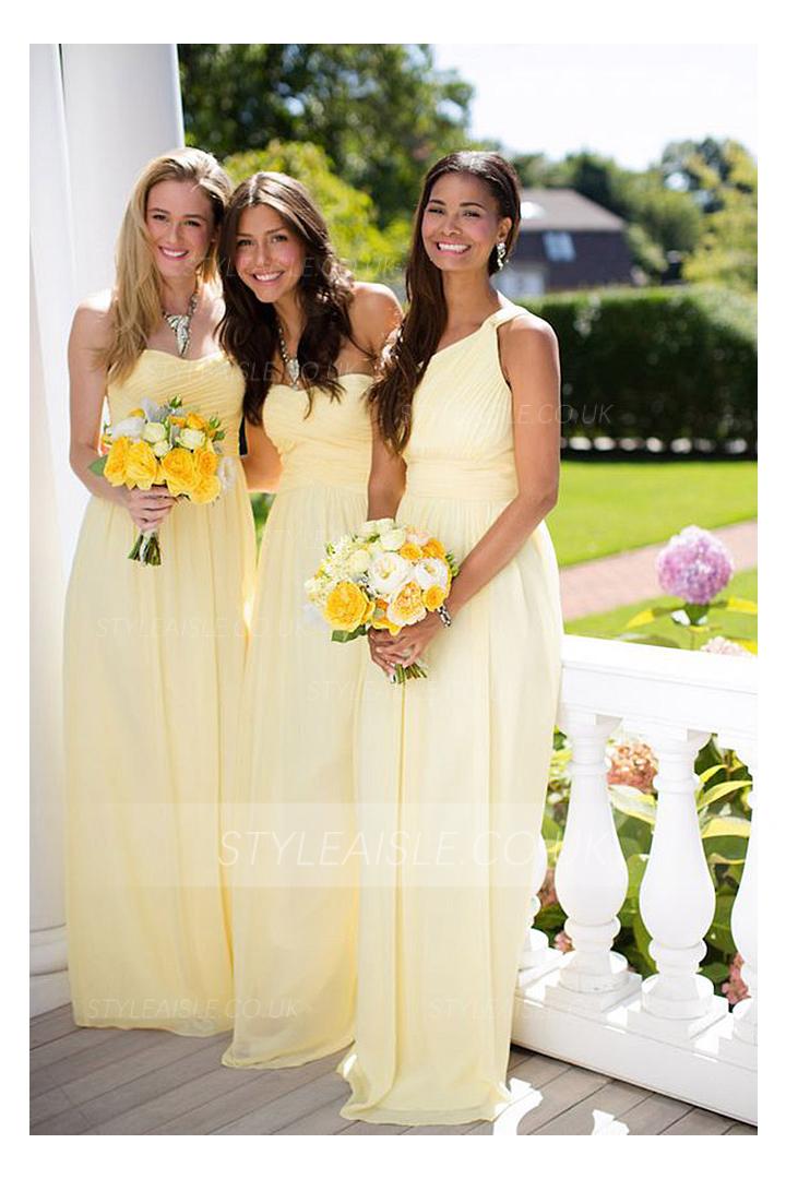 Pretty One Shoulder Sleeveless A-line Daffodil Long Chiffon Bridesmaid Dress