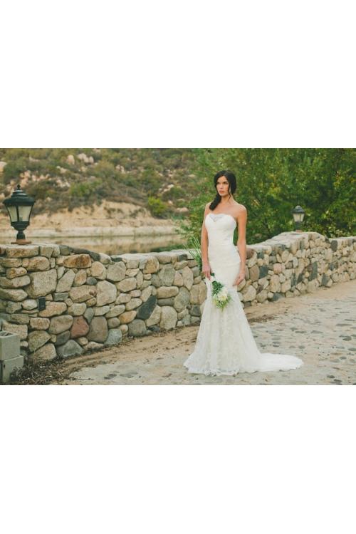 Low Back Strapless Lace Trimmed overlay Tulle Mermaid Wedding Dress 