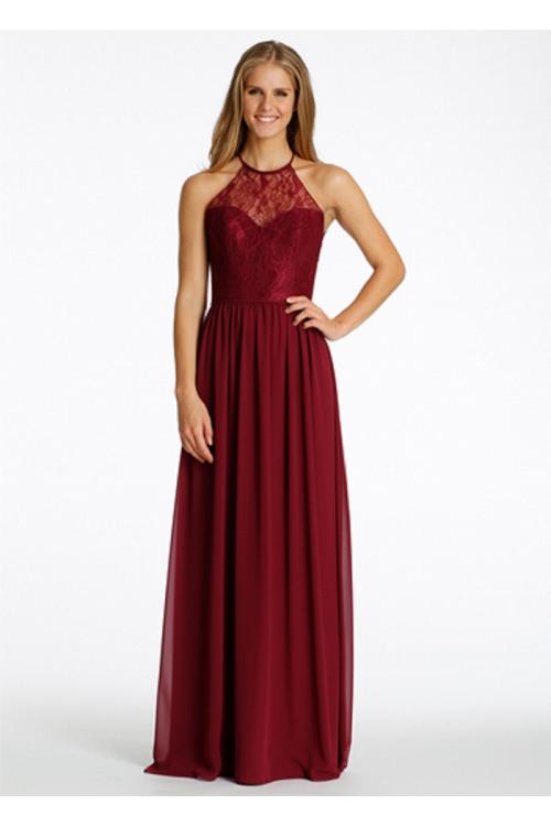 Burgundy Halter Neck Lace Bodice Long Chiffon Bridesmaid Dress 