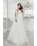 Classic V-neck Long Illusion Sleeve Lace Top Floor-length A-line Long Tulle Wedding Dresses with Buttons Back