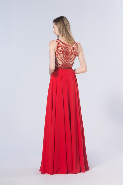 Sparklly Beading A-line Sleeveless Long Red Chiffon Prom Dress 