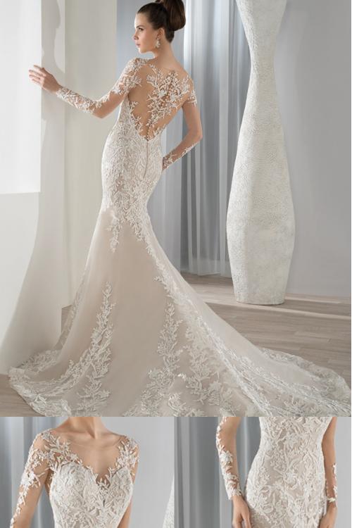 Gorgeous Lace Patterns overlay Tulle Mermaid Wedding Dress with Long Lace Appliqued Sheer Sleeves 