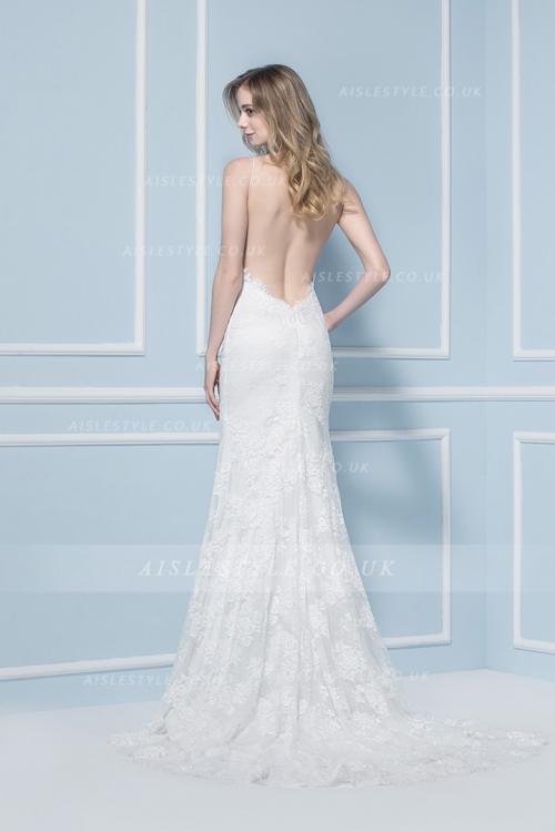 Spaghetti Straps Exquisite Sheath Lace Backless Wedding Dress 