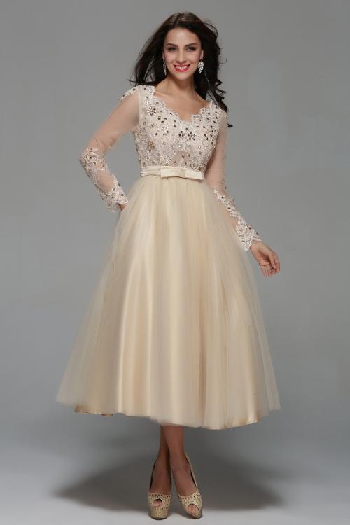 Long Sleeve Lace Tea Length A-line Champagne Tulle Short Prom Dress with Ribbon 