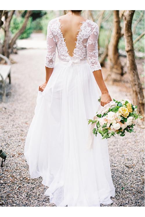 Rustic 3/4 Sleeved Lace top A-line Chiffon Wedding Dress with V Neck 