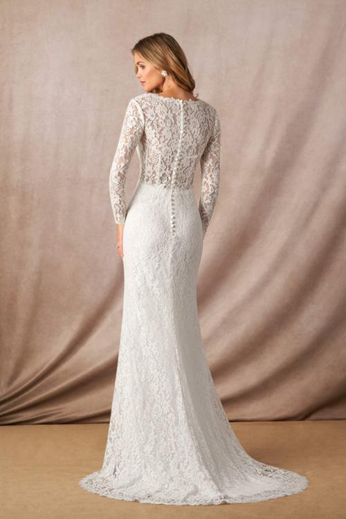  Elegant Mermaid Illusion Neck Long Sleeves Buttons Lace Sweep Train Long Wedding Dresses