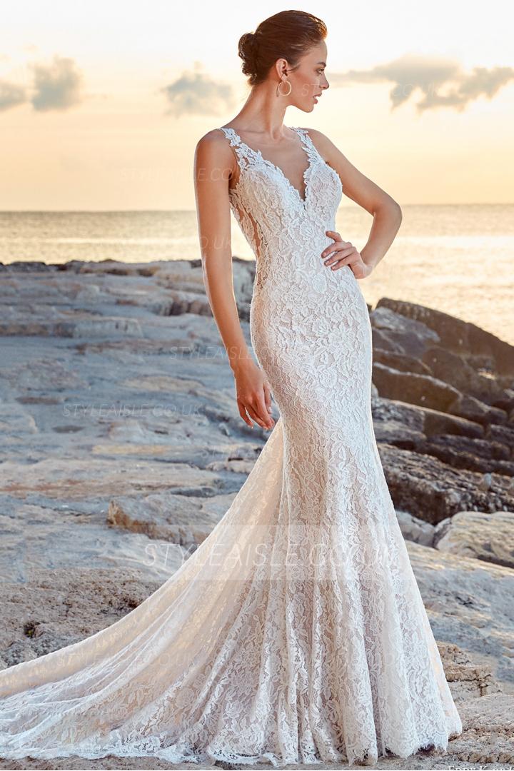 Sheer Back Illusion V Neck Long Mermaid Lace Wedding Dress