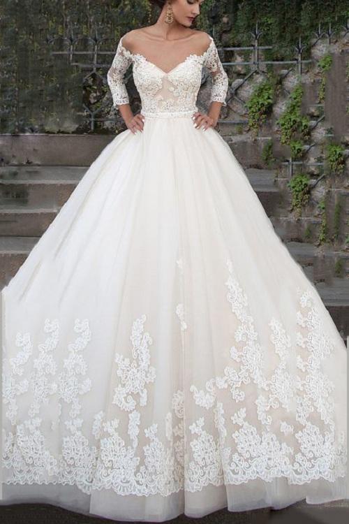 Illusion Off Shoulder Lace Bodice Ball Gown 3/4 Sleeves Sweep Train Wedding Dress with Sash 