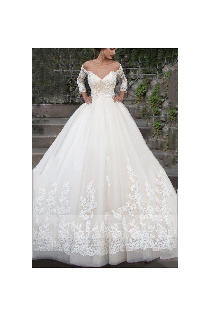 Illusion Off Shoulder Lace Bodice Ball Gown 3/4 Sleeves Sweep Train Wedding Dress with Sash 