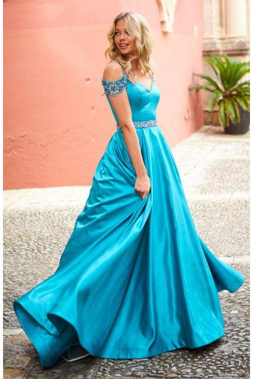 Chic Crystal Beaded Straps Long A-line Pool Blue Prom Dress