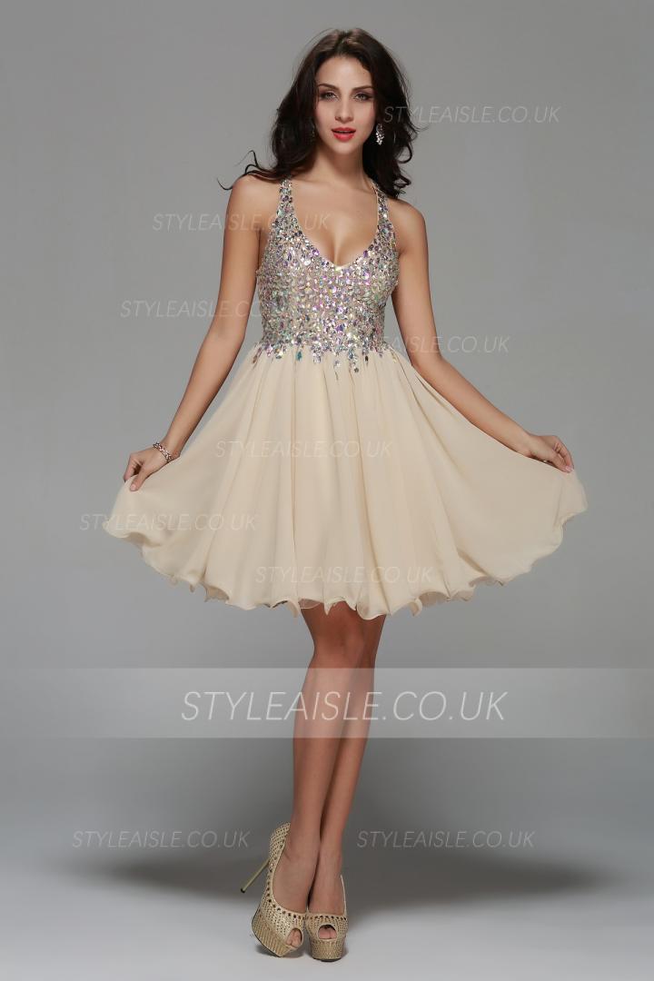 Knee Length Beading V Neck Champagne Chiffon A-line Prom Dress 