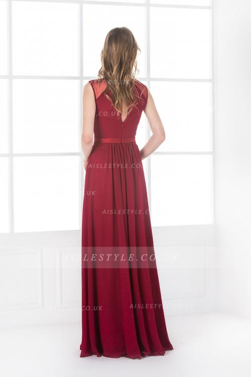  A-line Bateau Sleeveless Sashes/Ribbons Floor-length Long Burgundy Bridesmaid Dress