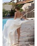 Beaded High Neck Lace Pattern Bodice Split Backless Chiffon Prom Dress