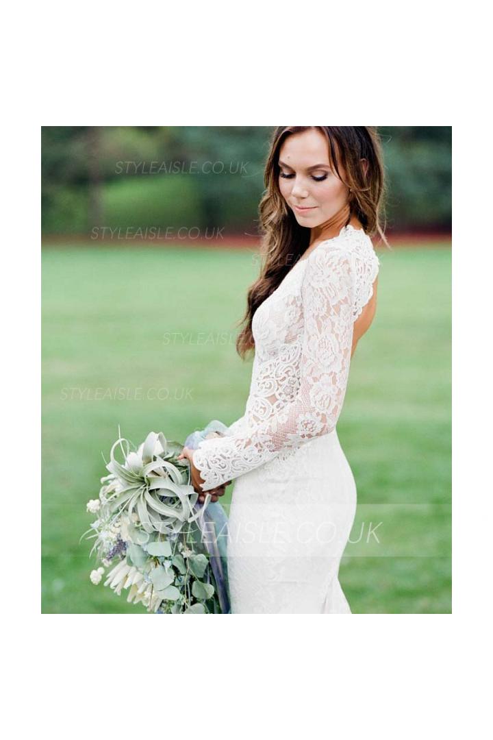 Deep V Neck Long Fit Flared Country Rustic Lace Wedding Dress with Long Sleeves 