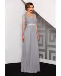 Long Sleeve Beading Lace A-line Chiffon Evening Dress with Ribbon 