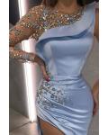  Sheath/Column Scoop Neckline One Sleeve Beading Split Sweep Train Long Satin Prom Dresses