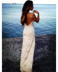 Side Split Spaghetti Straps Long Sheath Floral Lace overlay Chiffon Beach Prom Dress 