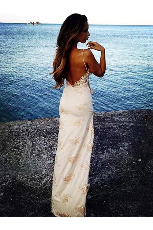 Side Split Spaghetti Straps Long Sheath Floral Lace overlay Chiffon Beach Prom Dress 