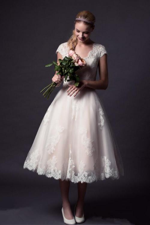 Tea Length V Neck Cap Sleeved Lace over Tulle Wedding Dress 