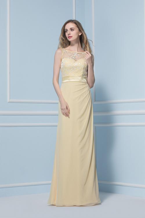 Sleeveless illusion Bateau Neck Lace Bodice Long Sheath Daffodil Chiffon Bridesmaid Dress 