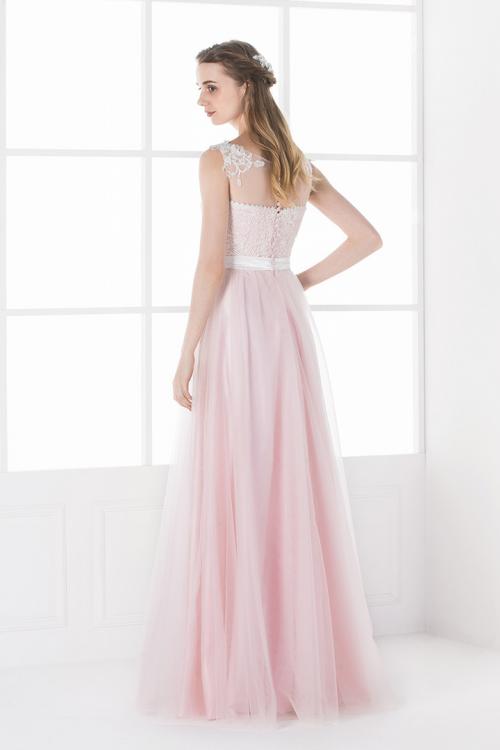 Lace Appliqued Illusion Neck A-line Pink Tulle Bridesmaid Dress with Ribbon 