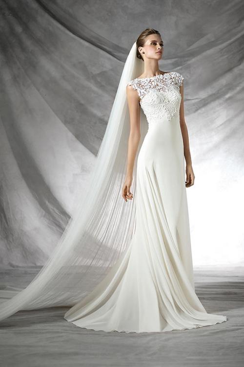 Bateau Neck Cap Sleeved Sophisticated Lace Top Sheath Long Chiffon Wedding Dress 