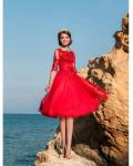 Chic Vintage Half Sleeves A-line Red Tulle Coast Prom Dress