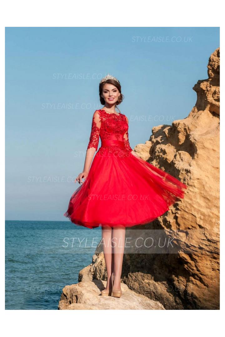 Chic Vintage Half Sleeves A-line Red Tulle Coast Prom Dress