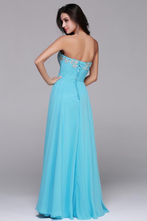 Beading Strapless Sweetheart Long Blue Chiffon A-line Prom Dress 