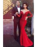 Red Illusion Neck Lace Long Chiffon Mermaid Evening Dress