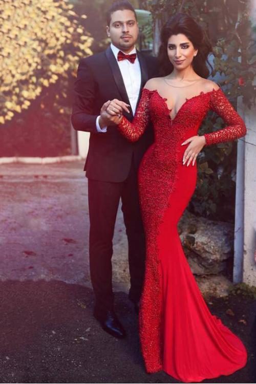 Red Illusion Neck Lace Long Chiffon Mermaid Evening Dress