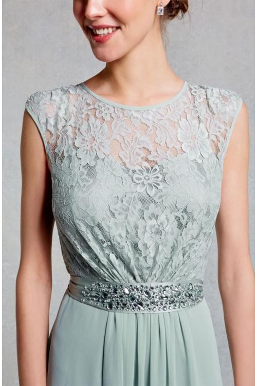 Muted Mint Cream Scoop Neck Floral Lace Bodice Sleeveless A-line Long Chiffon Bridesmaid Dress 