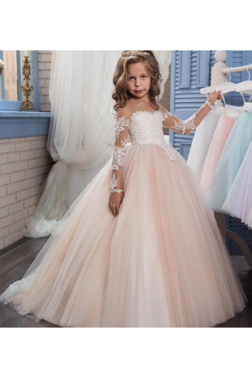 Lovely Blush Boho Inspired Lace Overlay Long Sleeved Off Shoulder Ball Gown Flower Girl Pageant Dress