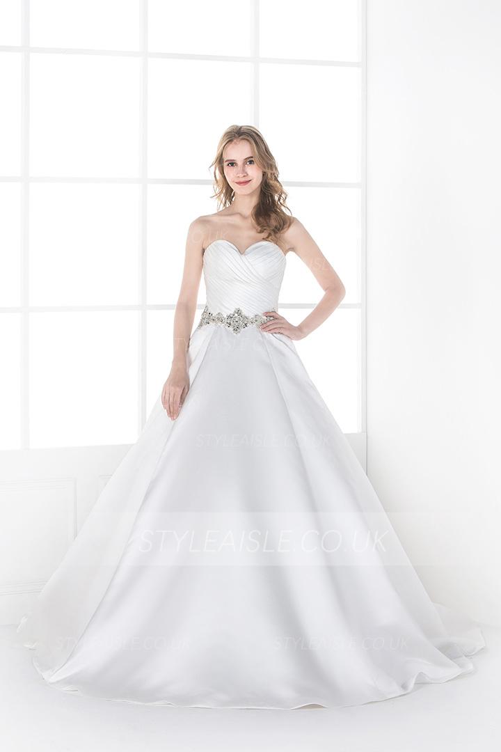 Simple A-line Sweetheart Beading&Crystal Ruching Sweep/Brush Train Satin Wedding Dresses