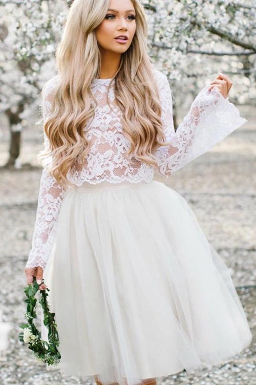  Two Piece A-line Long Sleeves Lace Knee length Short Wedding Dresses with Tulle Underskirt