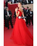 Red Off Shoulder Slim Fitted Bodice Long Split Chiffon Red Prom Dress 