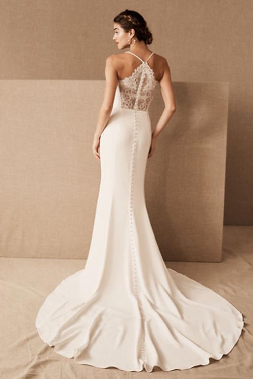  Trumpet/Mermaid Spaghetti Straps Sleeveless Lace Court Train Long Wedding Dresses with Buttons Back