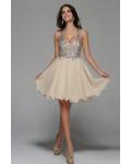 Knee Length Beading V Neck Champagne Chiffon A-line Prom Dress 