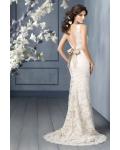 V Back Illusion Neck Sleeveless Sheath Lace Patterns Wedding Dress with Sash 