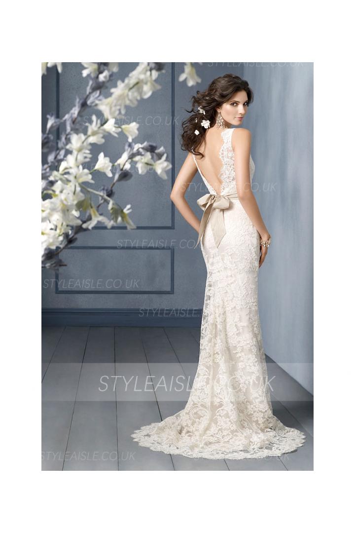 V Back Illusion Neck Sleeveless Sheath Lace Patterns Wedding Dress with Sash 