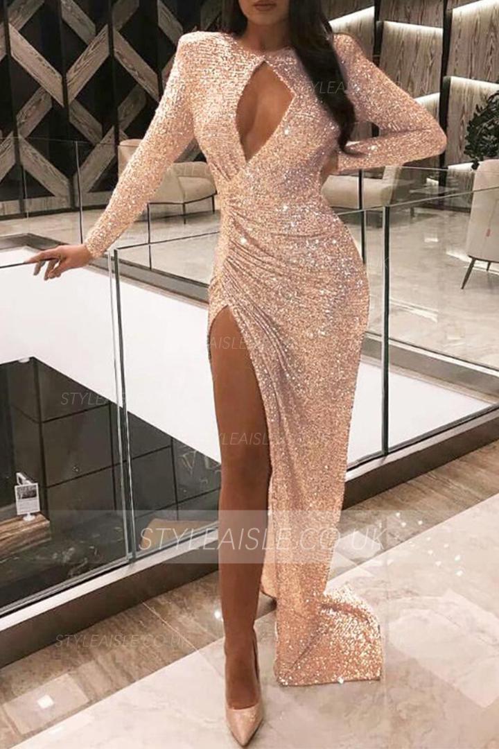  Sheath/Column Scoop Neckline Long Sleeves Split Sweep Train Long Sequins Evening Dresses