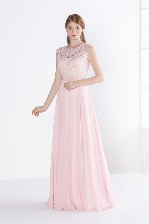  A-line Bateau Neck Sleeveless Lace Long Chiffon Bridesmaid Dress