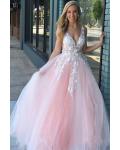 Elegant V-neck Sleeveless Lace Appliques Floor-length Long Tulle Prom Dress