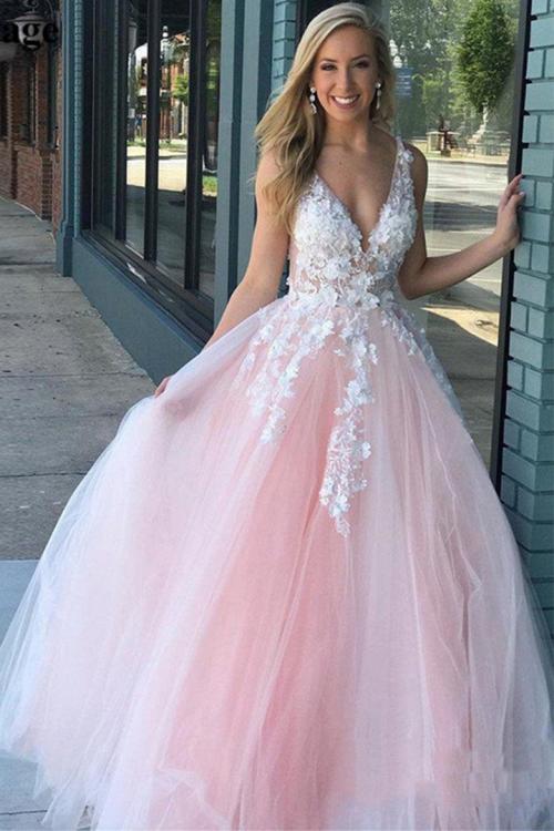 Elegant V-neck Sleeveless Lace Appliques Floor-length Long Tulle Prom Dress