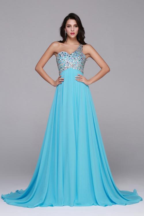 Sleeveless One Shoulder Beading Long Blue Chifofn Prom Dress 