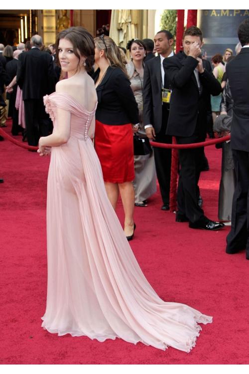 Charming A-line Off-the-shoulder Flowers Long Slit Chiffon Overlay Lace Designer Anna Kendrick Oscar Prom Dress 