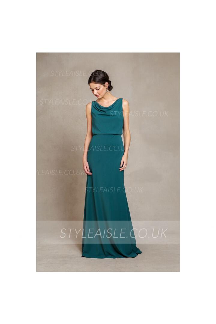 Chic Cowl Neck Casual Style Sheath Teal Long Chiffon Bridesmaid Dress 